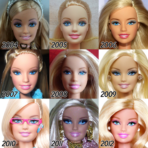 La trasformación del rostro de Barbie entre 1959 y 2015